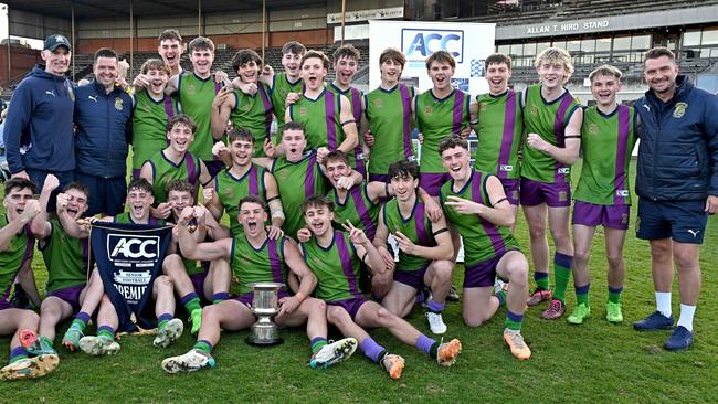 Parade College celebrate winning the ACC Grand Final between St Patrick College and Parade College in Essendon, Wednesday, June 19, 2024. Picture: Andy Brownbill