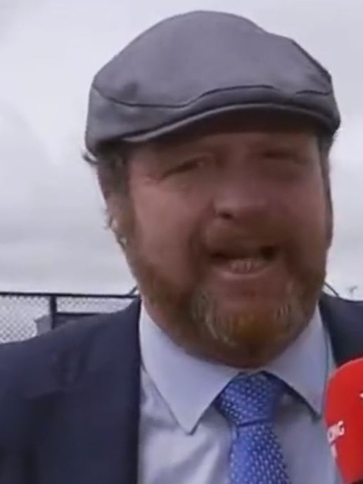 Horse trainer Gary Portelli at the Cox Plate with a black eye.