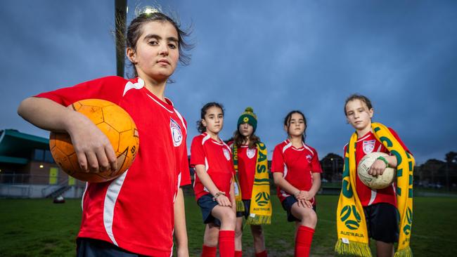 Darebin Falcons soccer players for a story on the legacy of the Matildas on women's football and the conditions of the ground and facilities the women currently contend with. Cleo Paris (10), Acclaim Ralifo (9), Sophie Henriksson (10), Tsifira (Ralifo (9) and Grace Shepherd (9). Picture: Jake Nowakowski