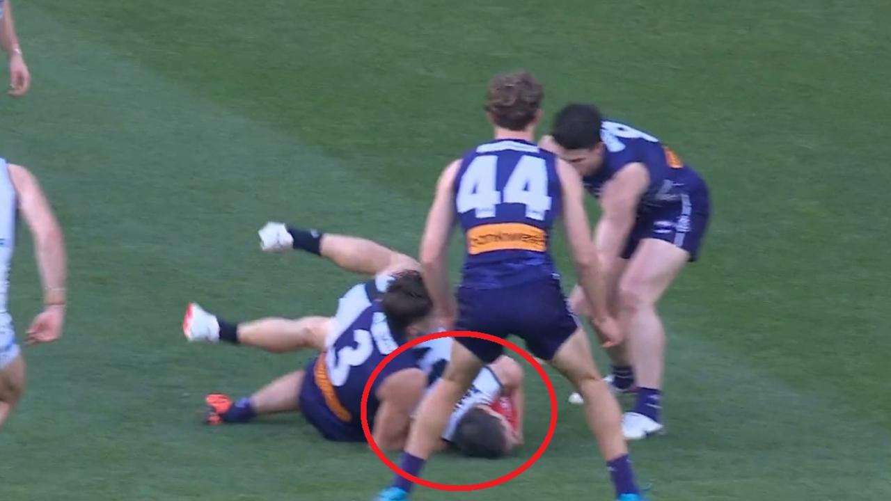 Caleb Serong has been handed a one-match ban for this tackle on Adam Cerra.