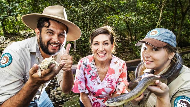 . Minister for Environment and the Great Barrier Reef Leeanne Enoch (centre) with wildlife rangers Clinton Brewer and Emily Wanray. Picture: Nigel Hallett