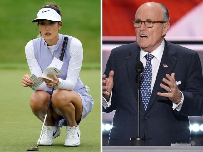 Michelle Wie West on the green and Rudy Giuliani. Photo: Getty, AFP.