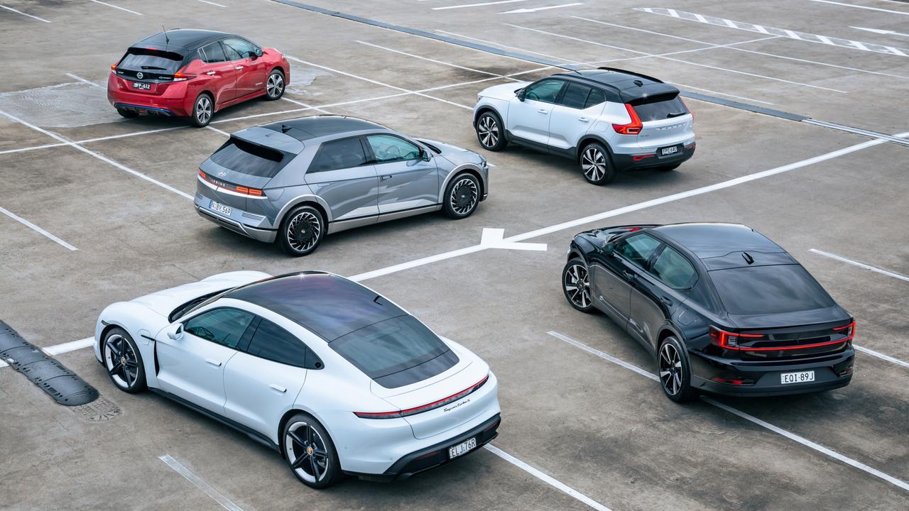 The Nissan Leaf, Polestar 2, Hyundai Ioniq 5, Porsche Taycan, Volvo XC40 Recharge. Photo: Thomas Wielecki