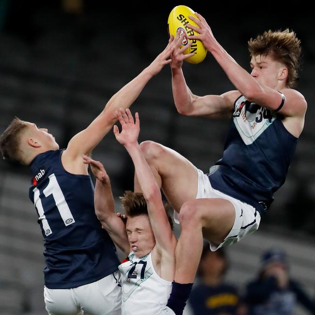 Max Gruzewski flies high for Vic Metro. Picture: Dylan Burns/AFL Photos via Getty Images