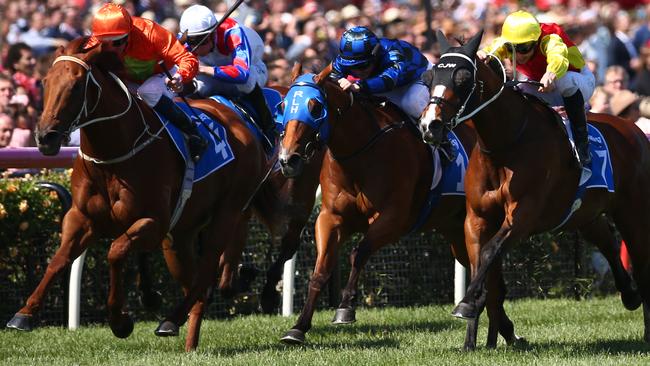 Stakes day racing at Flemington race track, Race 6 Darley Classic over 1200 metres, Winner no 7 Delecation ridden by James McDonald, 2nd no 2 Chautauqua, Dwayne Dunn, 3rd no 4 Terravista, Hugh Bowman. November 7, 2015 Melbourne Australia. stakesday15 EmiratesStakes15 Picture : George Salpigtidis