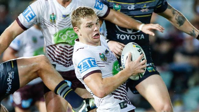 Sea Eagles' Tom Trbojevic looks to get a pass away during game against North Queensland Cowboys. Picture: AAP/Michael Chambers.