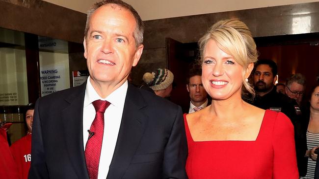 Opposition Leader Bill Shorten with wife Chloe after speaking to Labor Party supporters at a rally in Box Hill, Melbourne. Picture: Kym Smith