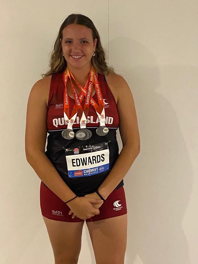 St Monica's College student Hannah Edwards represented Queensland at the Australian Track and Field Championships in Sydney in 2022, winner silver in under-18 shot put, discus and hammer throw. Picture: supplied