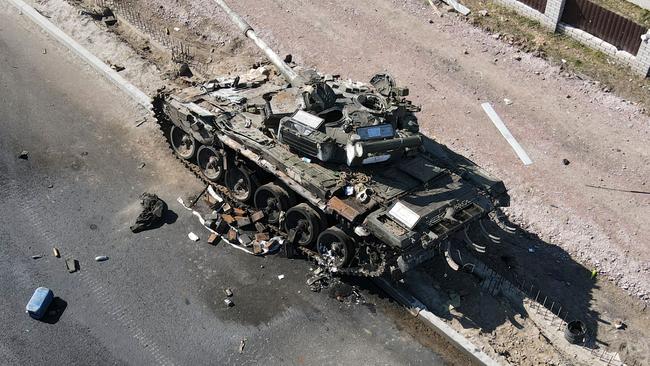 A charred Russian tank in the Kiv region. Picture: AFP