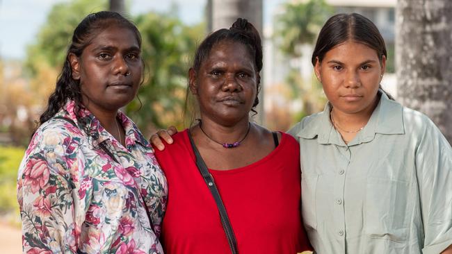 Mother of 15-year-old Layla "Gulum" Leering, Justine Jingles, with daughters Jasmine and Keely Jingles outside the Darwin Local Court during an inquest into her death.Picture: Che Chorley