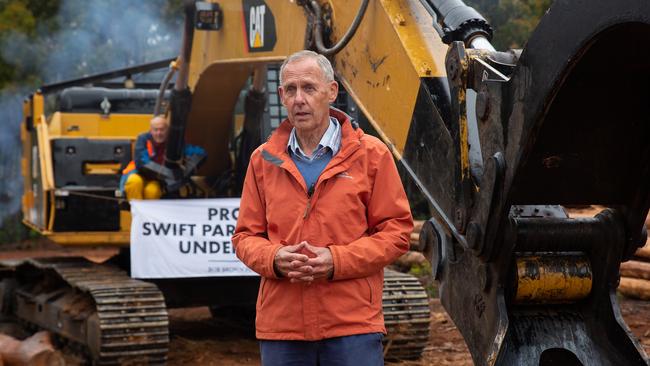 Bob Brown at the site. Bob Brown Foundation forest defenders have returned to contentious Eastern Tiers forests after three arrests yesterday. Logging of habitat for critically endangered Swift Parrots has been halted for a second day. Picture: BOB BROWN FOUNDATION