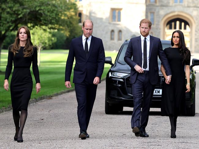 Catherine, Princess of Wales, Prince William, Prince of Wales, Prince Harry, Duke of Sussex, and Meghan, Duchess of Sussex on the long Walk at Windsor Castle. Picture: Getty Images.