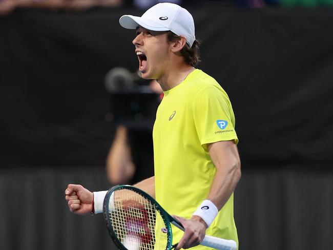 PERTH, AUSTRALIA - JANUARY 03: Alex de Minaur of Team Australia celebrates winning his singles match against Novak Djokovic of Team Serbia during day six of the 2024 United Cup at RAC Arena on January 03, 2024 in Perth, Australia. (Photo by Paul Kane/Getty Images)