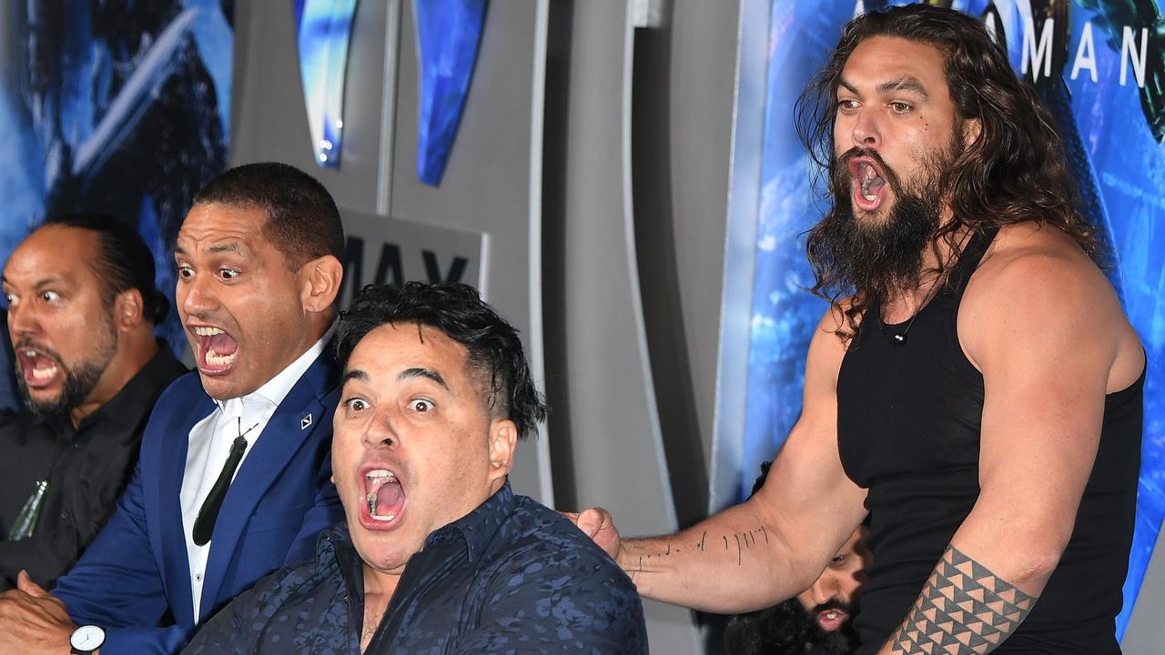 Momoa even broke his trident while dancing. Picture: AFP 