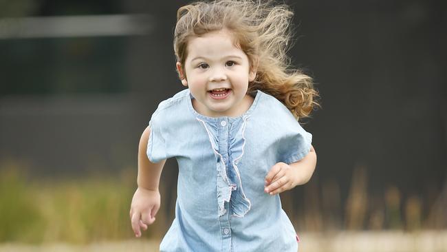 Amelia 3, will be receiving cord blood from her sibling when they’re born to help her cerebral palsy. Picture: David Caird