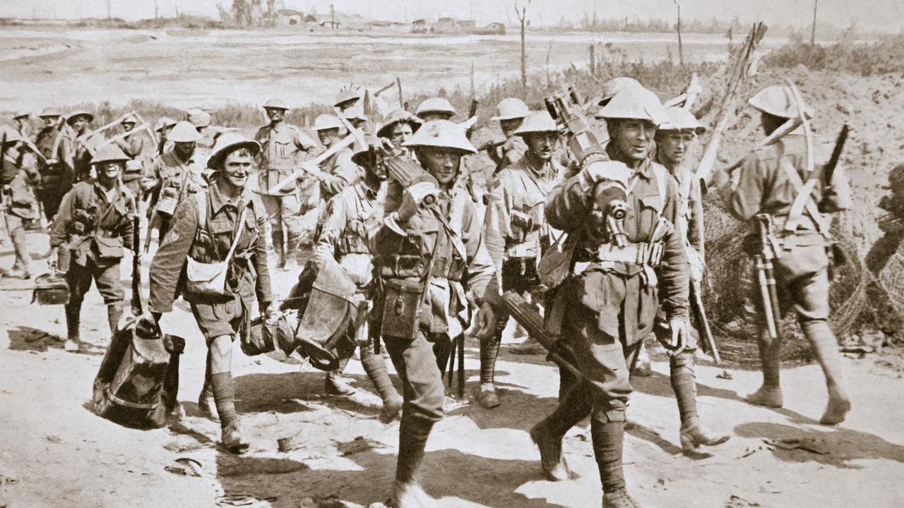 Australian machine gunners returning from the trenches, France, World War I, 1916. During the Somme campaign. Picture: Getty