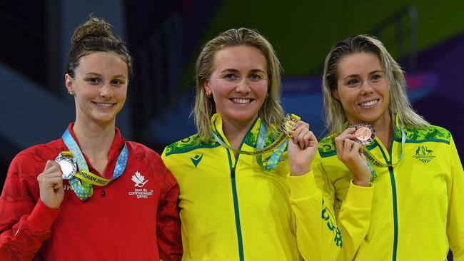 Titmus (C) took gold ahead of Canada's Summer McIntosh (L) at the Commonwealth Games last year. Picture: AFP