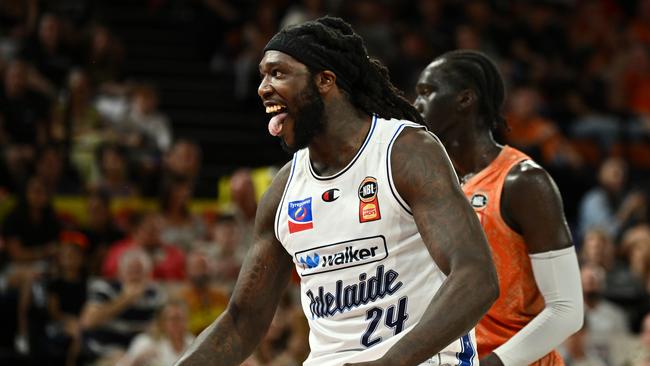 CAIRNS, AUSTRALIA - SEPTEMBER 28: Montrezl Harrell of the 36ers reacts during the round two NBL match between Cairns Taipans and Adelaide 36ers at Cairns Convention Centre, on September 28, 2024, in Cairns, Australia. (Photo by Emily Barker/Getty Images)