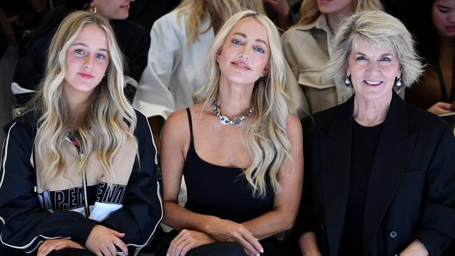 Kitty Henderson (Kitty), Jackie O and Julie Bishop watch the runway during the P.E Nation show. Picture: Getty Images for AFW