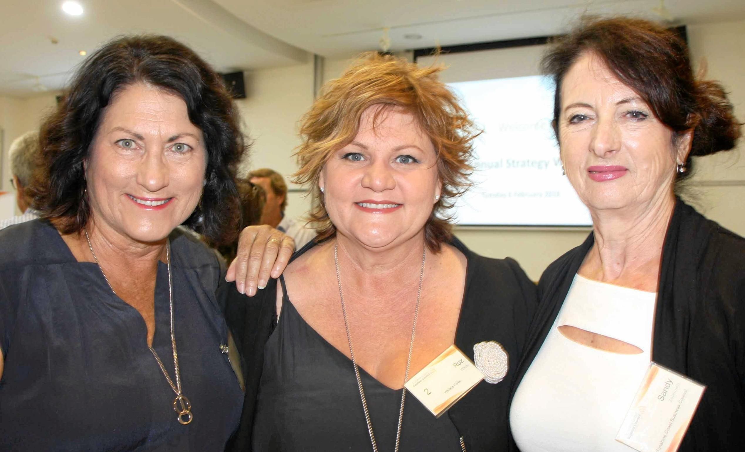 Lynda Tanner of Lendlease, Roz White of IGA Bli Bli and business council chair Sandy Zubrinich at the Sunshine Coast Business Council Strategic Direction Discussion 2018 at Ramada Marcoola Resort. Picture: Erle Levey