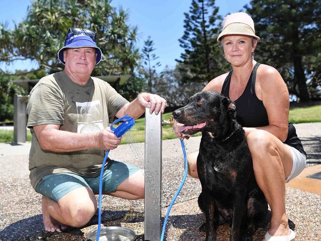 Ross Maxwell and Lynn Murphy with their dog Benji are concerned with the recent dog poisoning at Dicky Beach in pet public water bowls, Caloundra. Picture: Patrick Woods.