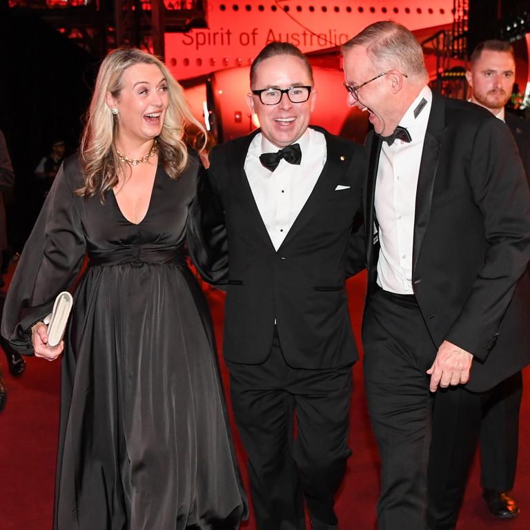 Jodie Haydon, Alan Joyce and Anthony Albanese at the Qantas 100th Gala Dinner at hangar 96 at Sydney's International Airport. (Photo by James D. Morgan/Getty Images)