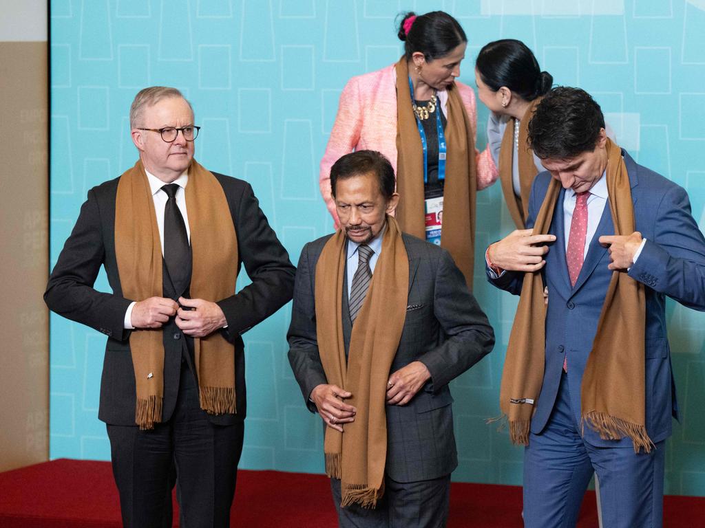 Prime Minister Anthony Albanese with the Sultan of Brunei, Haji Hassanal Bolkiah, and Canadian Prime Minster Justin Trudeau. Picture: AFP