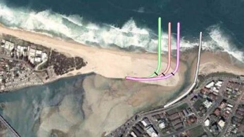 A diagram from a previous study of The Entrance Channel showing twin breakwalls at 100m, 150m and 200m widths. Picture: supplied