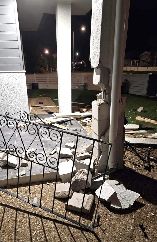 Burdell resident Linda Hill woke up to find youths in a stolen car had crashed through her front yard, leaving a trail of destruction behind around 4.40am on Saturday. Picture: Facebook