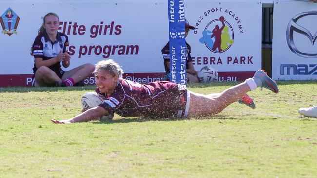 Burleigh Bears winger Tarnisha Lyons scored a hattrick in the Holcim Cup final win. Picture: Jorja Brinums / QRL