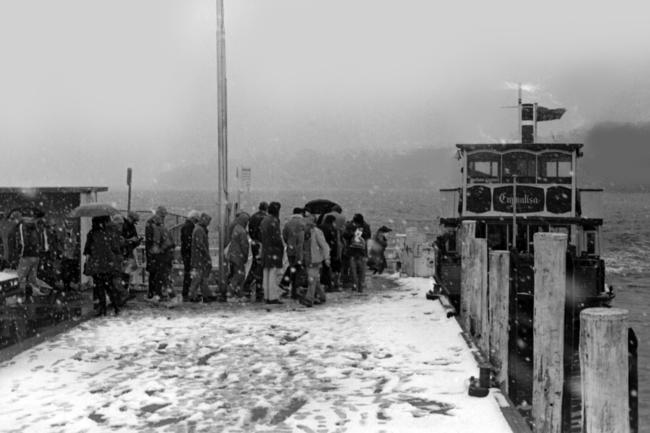 Historical Mercury Archives: Snow fell in Hobart to sea level on July 25, 1986, the biggest snowfall since 1921. As the snow still falls people queue at the Bellerive ferry wharf to board the Emmalisa ferry for the trip to Hobart.