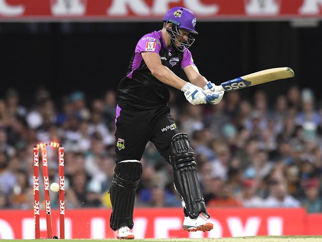 David Miller of the Hurricanes is bowled out by Ben Laughlin of the Heat during the Big Bash League match between the Brisbane Heat and the Hobart Hurricanes at the Gabba on January 09, 2020 in Brisbane, Australia. Picture: ALBERT PEREZ/GETTY IMAGES