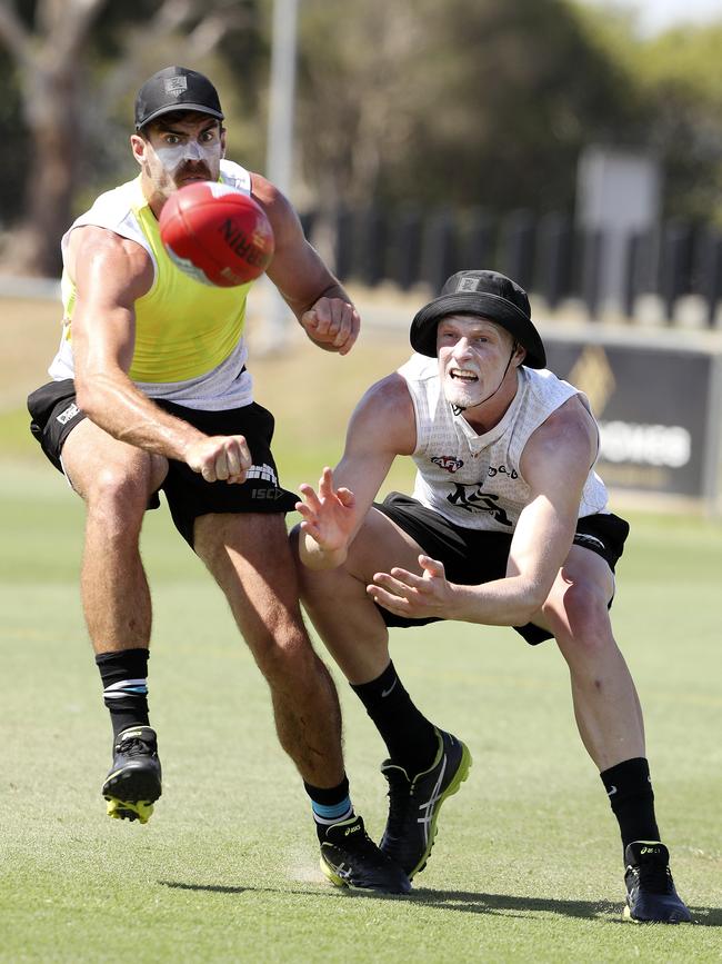 Scott Lycett and Sam Hayes on Port’s pre-season camp in Queensland. Picture: Sarah Reed