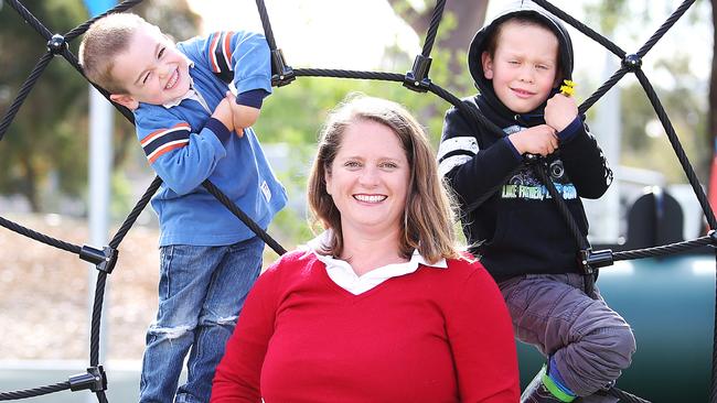 Kellie Darley with her sons Dylan and Ethan. Picture: Danny Aarons