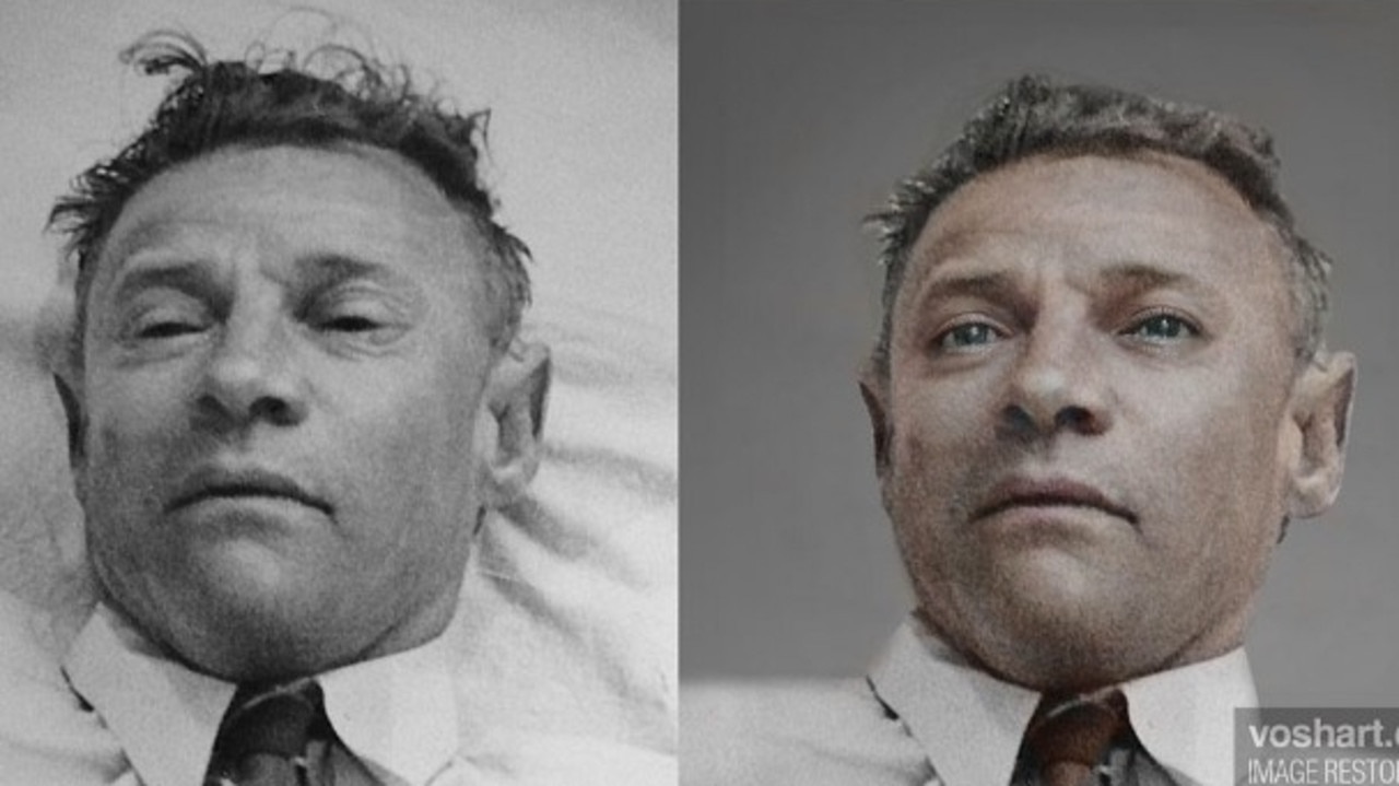 The Somerton Man’s famous death photo, left, was updated by Canadian film designer Daniel Voshart to show what he may have looked like when he was still alive. Picture: Daniel Voshart