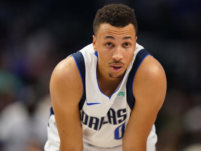 DALLAS, TEXAS - APRIL 07: Dante Exum #0 of the Dallas Mavericks looks on during the second half against the Houston Rockets at American Airlines Center on April 07, 2024 in Dallas, Texas. NOTE TO USER: User expressly acknowledges and agrees that, by downloading and or using this photograph, User is consenting to the terms and conditions of the Getty Images License Agreement. (Photo by Sam Hodde/Getty Images)