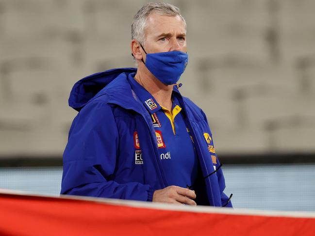 MELBOURNE, AUSTRALIA - JULY 31: Adam Simpson, Senior Coach of the Eagles looks on during the 2021 AFL Round 20 match between the Collingwood Magpies and the West Coast Eagles at the Melbourne Cricket Ground on July 31, 2021 in Melbourne, Australia. (Photo by Michael Willson/AFL Photos via Getty Images)