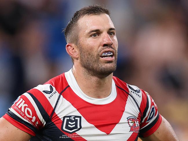 SYDNEY, AUSTRALIA - MARCH 06: James Tedesco of the Roosters reacts during the round one NRL match between Sydney Roosters and Brisbane Broncos at Allianz Stadium on March 06, 2025, in Sydney, Australia. (Photo by Cameron Spencer/Getty Images)