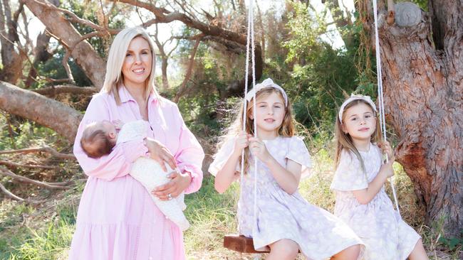 Volkanovski’s wife Emma and their daughters Ariana, 8, Airlie, 6, and baby Reign, 7 weeks old. Picture: Max Mason-Hubers