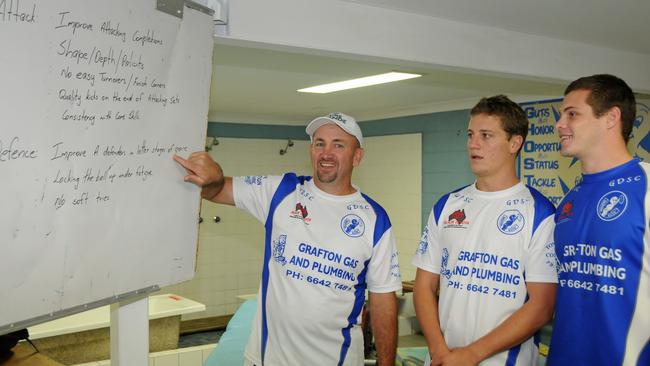 MASTER CLASS: Ghosts first grade coach Col Speed spends a light-hearted moment with players Daniel Lollback and Oliver Percy before an NRRRL clash with Cudgen in 2011. Photo: Gary Nichols/The Daily Examiner