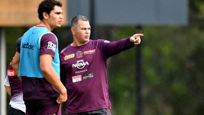 Xavier Coates talks to Broncos coach Anthony Seibold. Picture: AAP