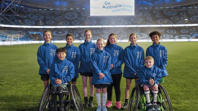 Ashleigh (centre) and fellow young athletes get a taste of what it's like to play on the world stage at Allianz Stadium through the Allianz Grassroots Champion Initiative. Picture: Supplied