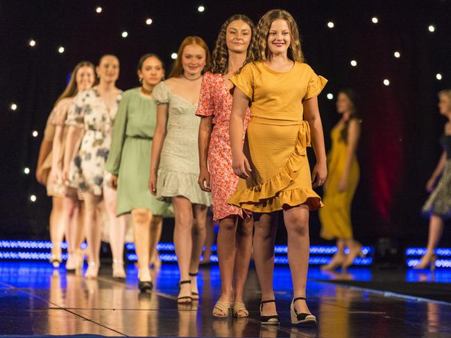 Maya McGrath leads the graduates from a modelling, grooming and deportment course run by Kaye Foley Model Agency on stage at Rumours International, Saturday, November 7, 2020. Picture: Kevin Farmer