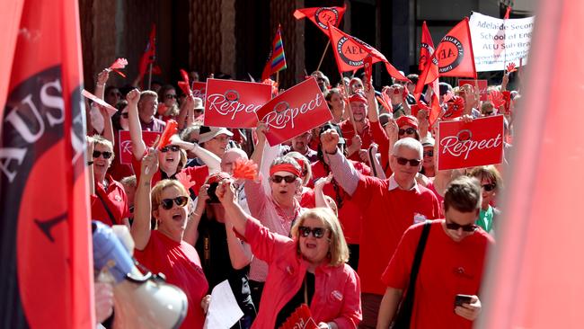 Australian Education Union (AEU) members rally outside the Department of Education in Adelaide in October. Picture: AAP / Kelly Barnes