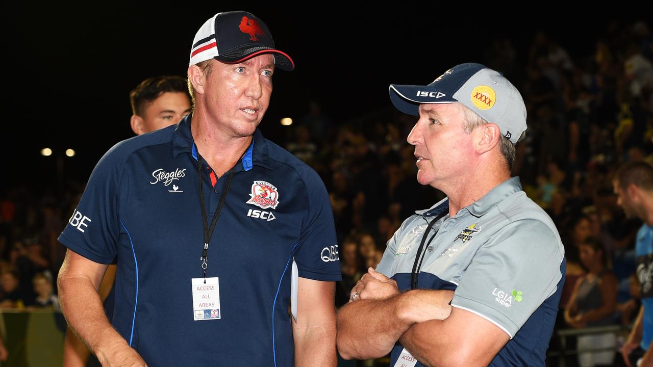 Roosters coach Trent Robinson and Paul Green at a trial match in 2017. Picture: Zak Simmonds