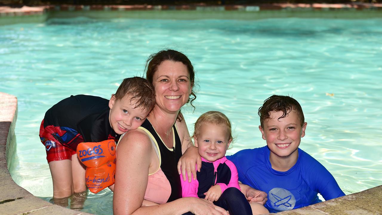 Katie Taylor with Knox Robson, 5, Quinn Robson, 2, and Cooper Skene, 10, from Mundingburra pictured at Billabong Sanctuary. Picture: Shae Beplate.