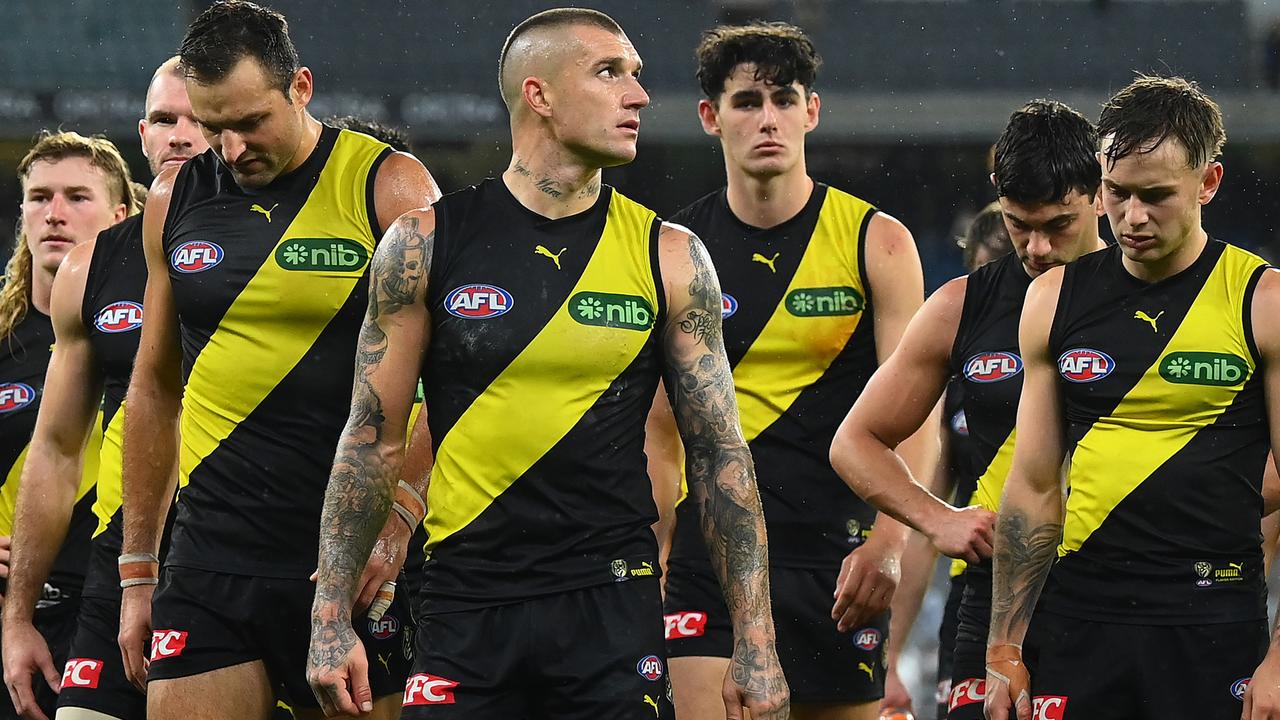 Dejected Tigers leave the field after their narrrow loss to the Western Bulldogs. Picture: Quinn Rooney/Getty Images