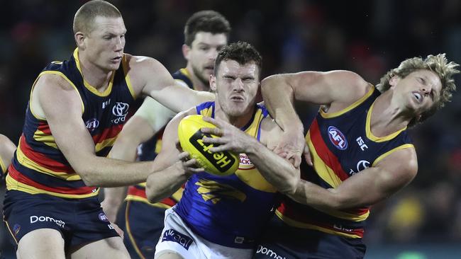 West Coast’s midfield was smashed in the last quarter against Adelaide. Picture: Sarah Reed