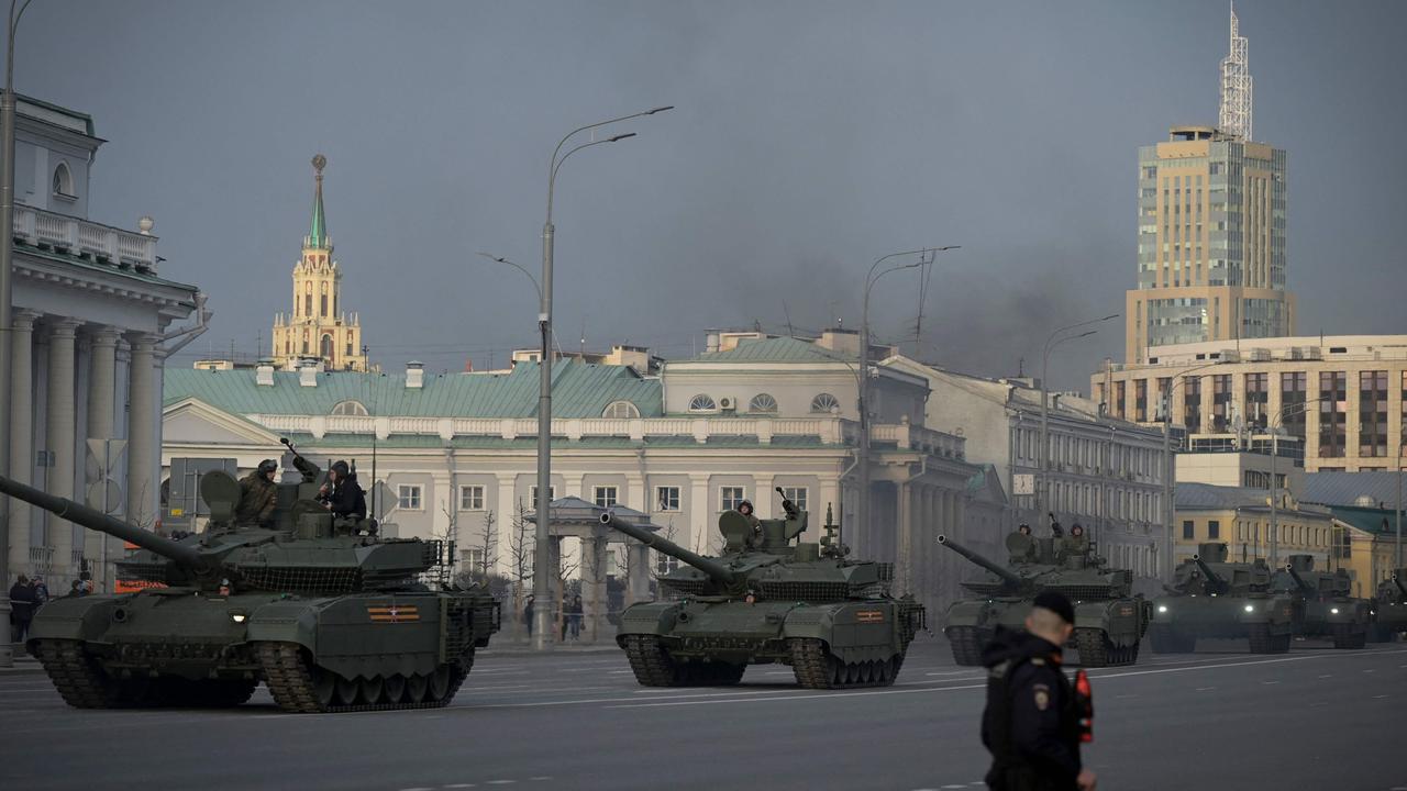 Military vehicles drive along the Garden Ring road towards the Red Square for a rehearsal of the Victory Day military parade in central Moscow. Picture: Natalia Kolesnikova / AFP