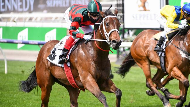 September Run, ridden by Craig Williams, claims the Poseidon Stakes.